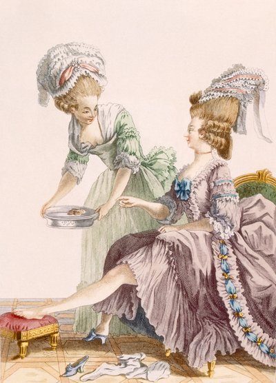 Elegant lady having her feet washed by her maid, engraved by Dupin, plate from 